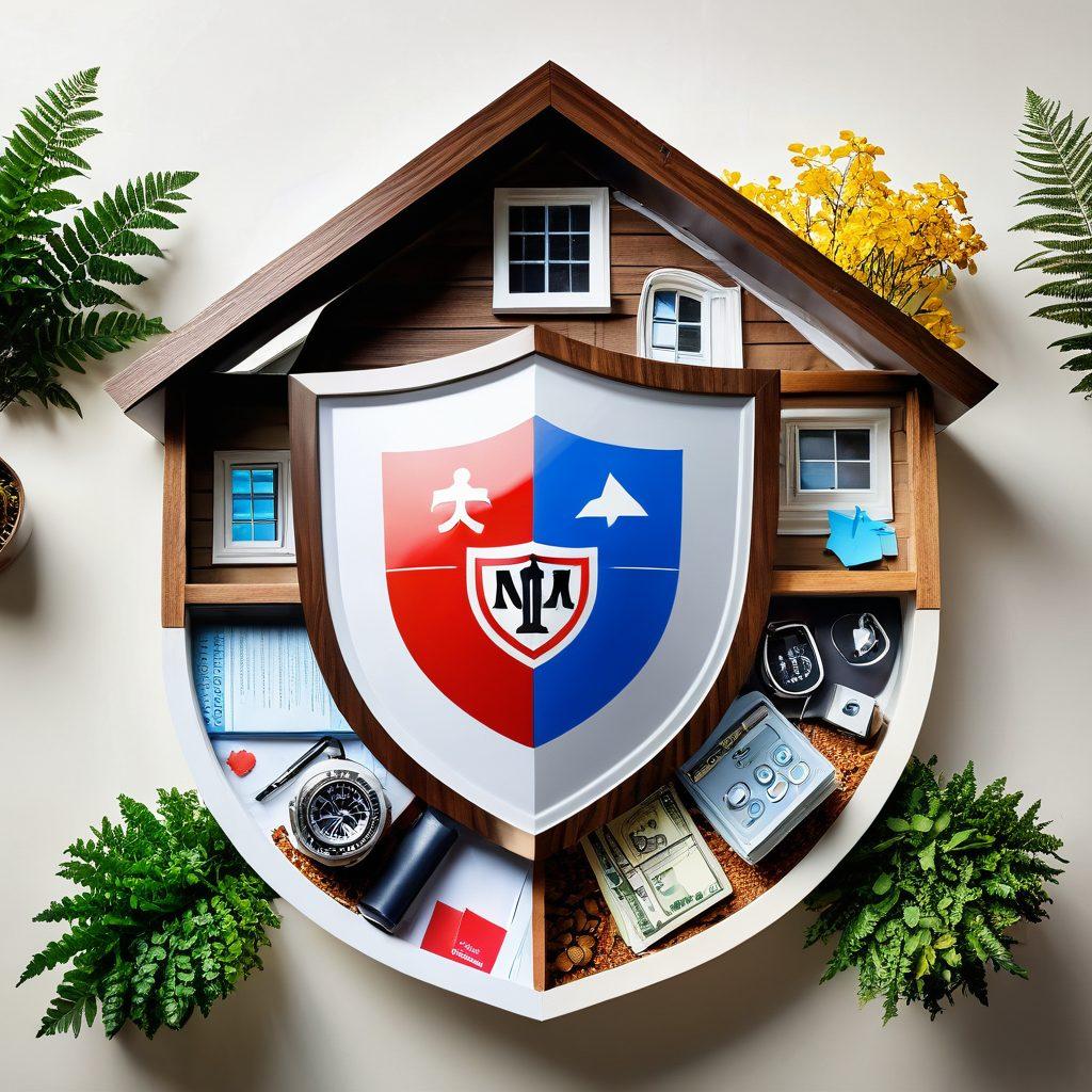 A collage illustrating various insurance solutions, such as a shield representing protection, a house symbolizing home insurance, and a family icon depicting health insurance. Include elements like a calculator, financial documents, and a guiding compass to represent guidance in financial security. Use warm and inviting colors to create a sense of safety and trust. super-realistic. vibrant colors. warm tones.