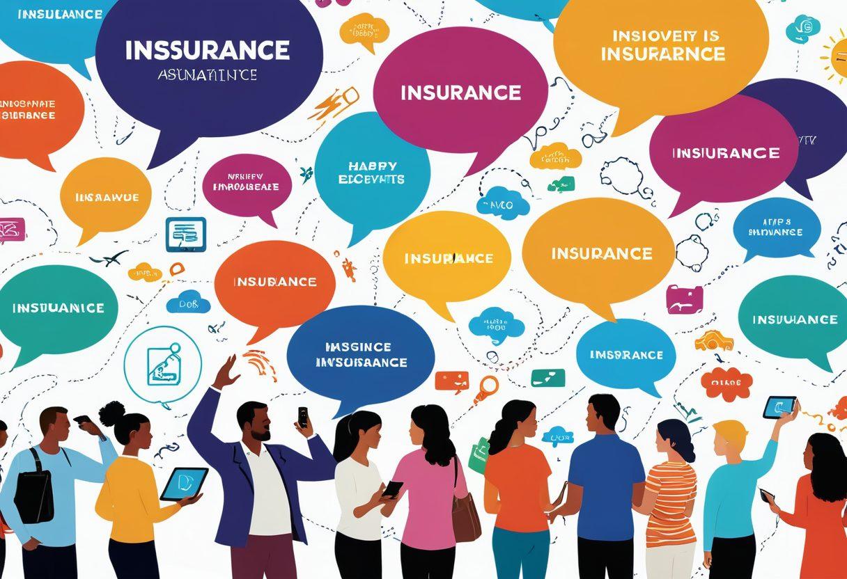 A dynamic illustration of a digital marketplace featuring diverse insurance products, with quotes floating around as thought bubbles. Include a diverse group of people interacting with digital devices, showcasing engagement and exploration of insurance benefits. The scene is lively and optimistic, symbolizing empowerment and choice in the insurance landscape. Incorporate a blend of vibrant colors and modern graphics to reflect a tech-savvy environment. super-realistic. vibrant colors. white background.
